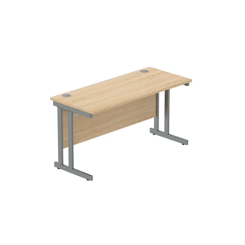 Office desk with wood-effect top and grey legs on a white background