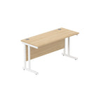 Office desk with wood-effect top and white legs on a white background