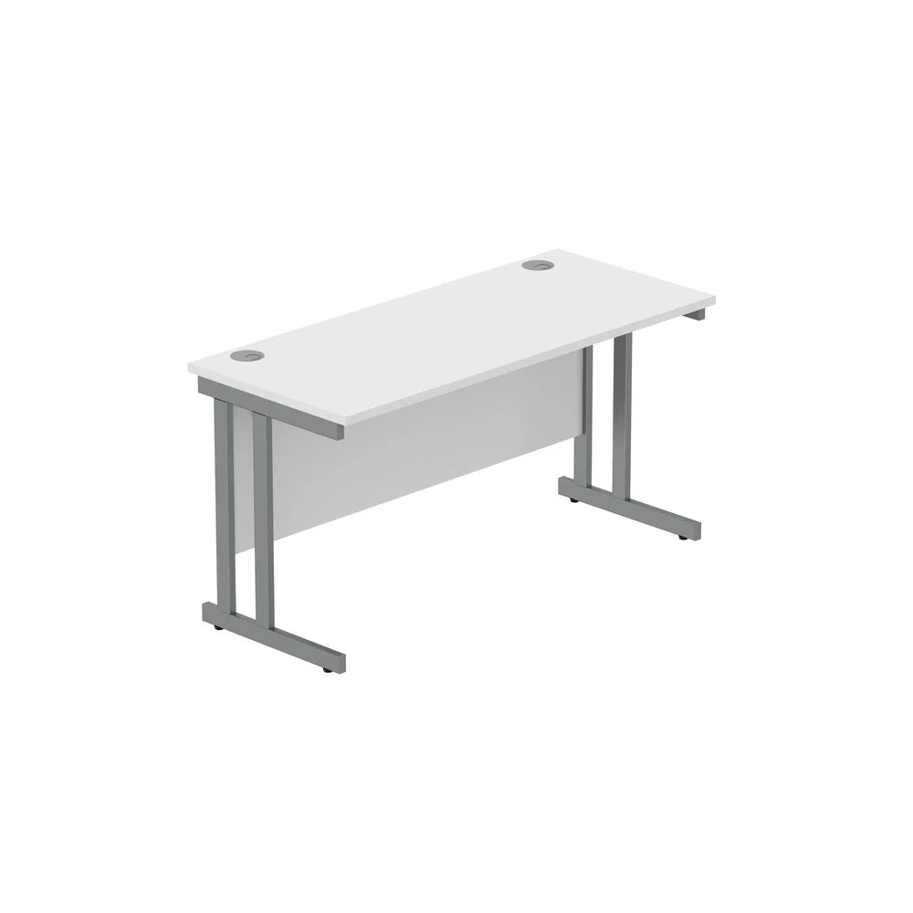 Office desk with white top and grey legs on a white background
