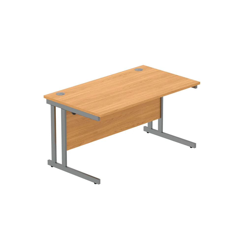 Office desk with wood-effect top and grey legs on a white background