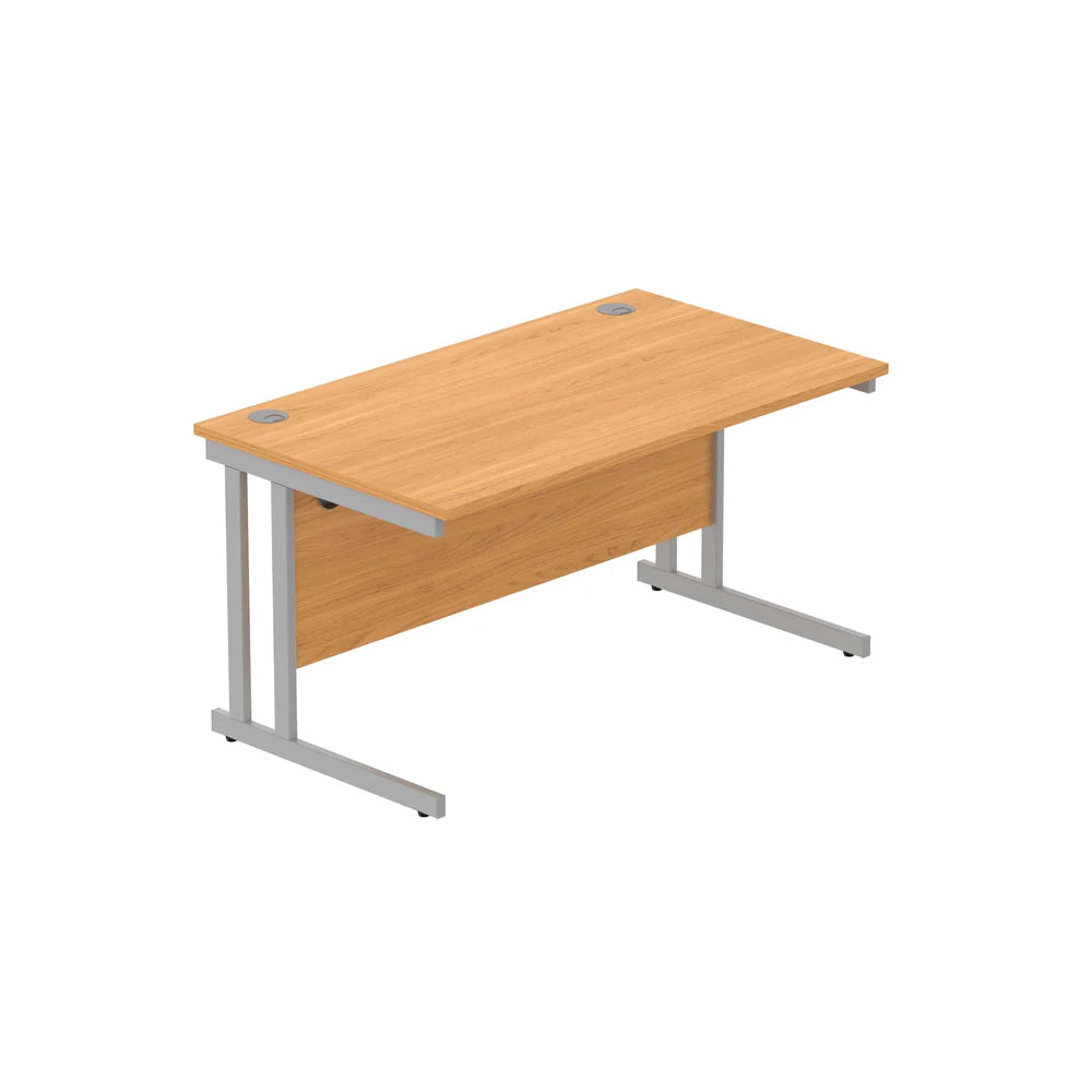 Office desk with wood-effect top and silver legs on a white background