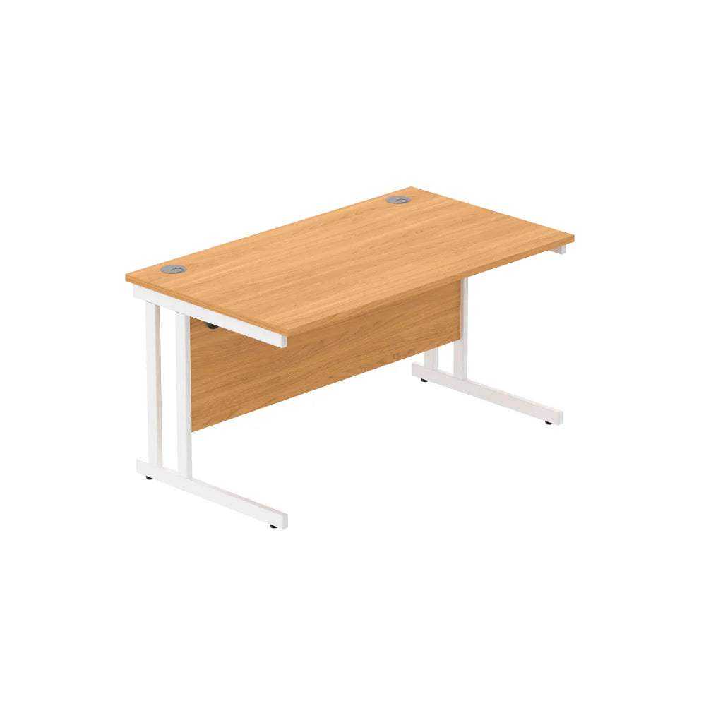 Office desk with wood-effect top and white legs on a white background