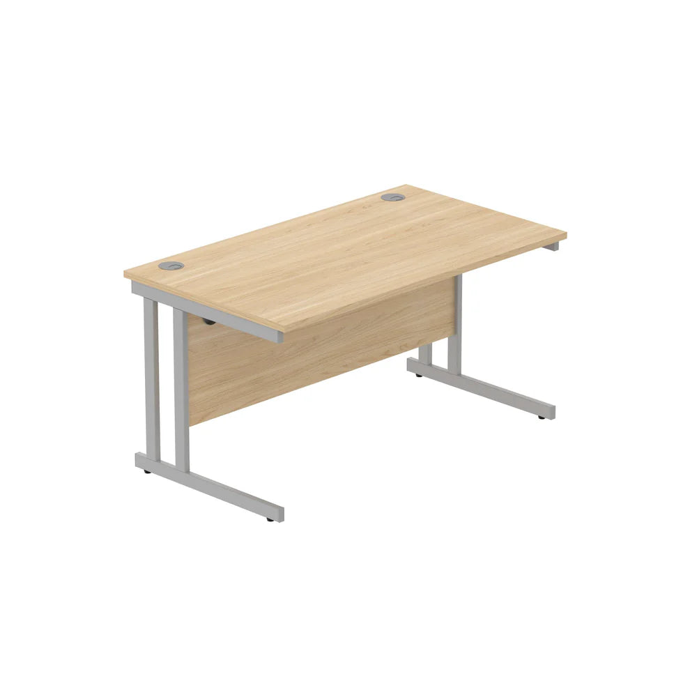 Office desk with wood-effect top and silver legs on a white background
