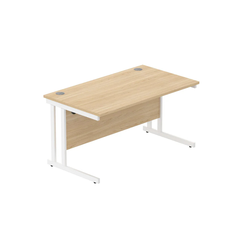 Office desk with wood-effect top and white legs on a white background
