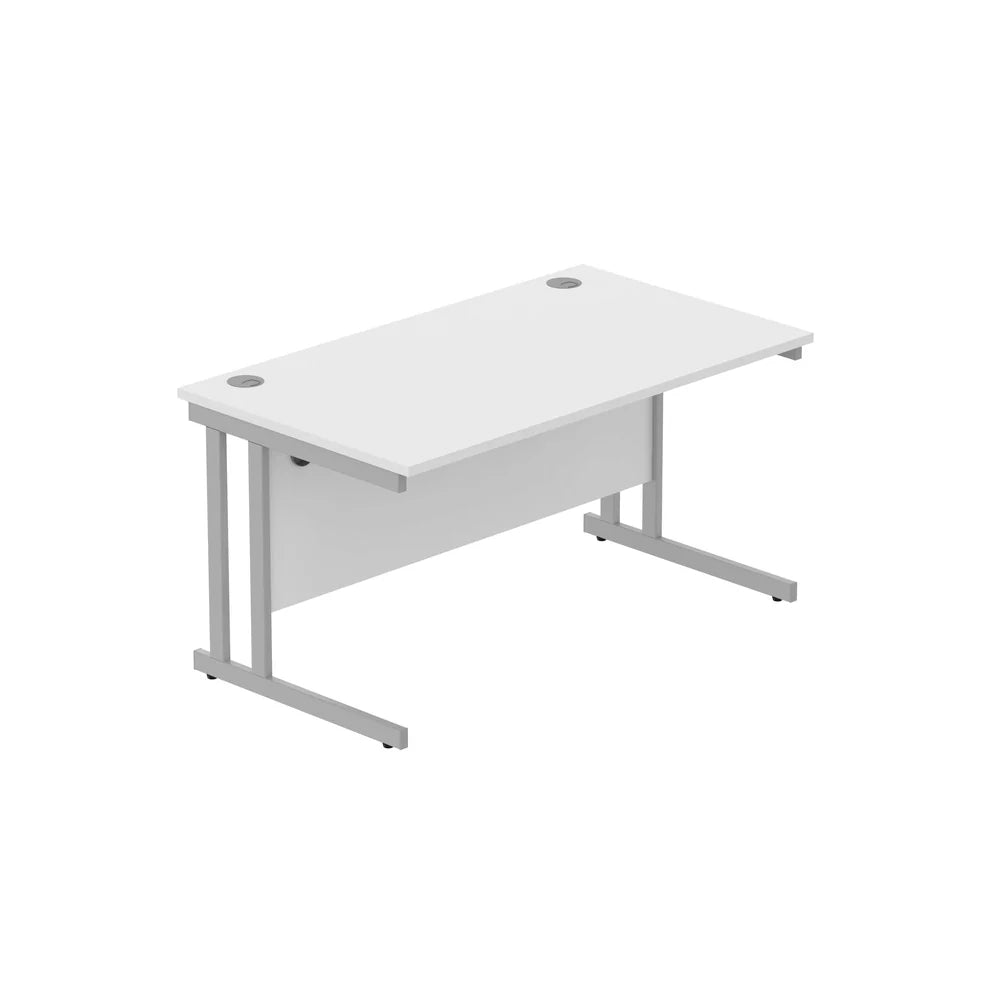 White office desk with silver legs on a white background
