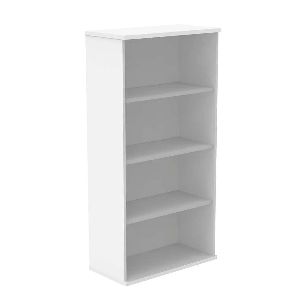 White bookcase with three shelves on a white background