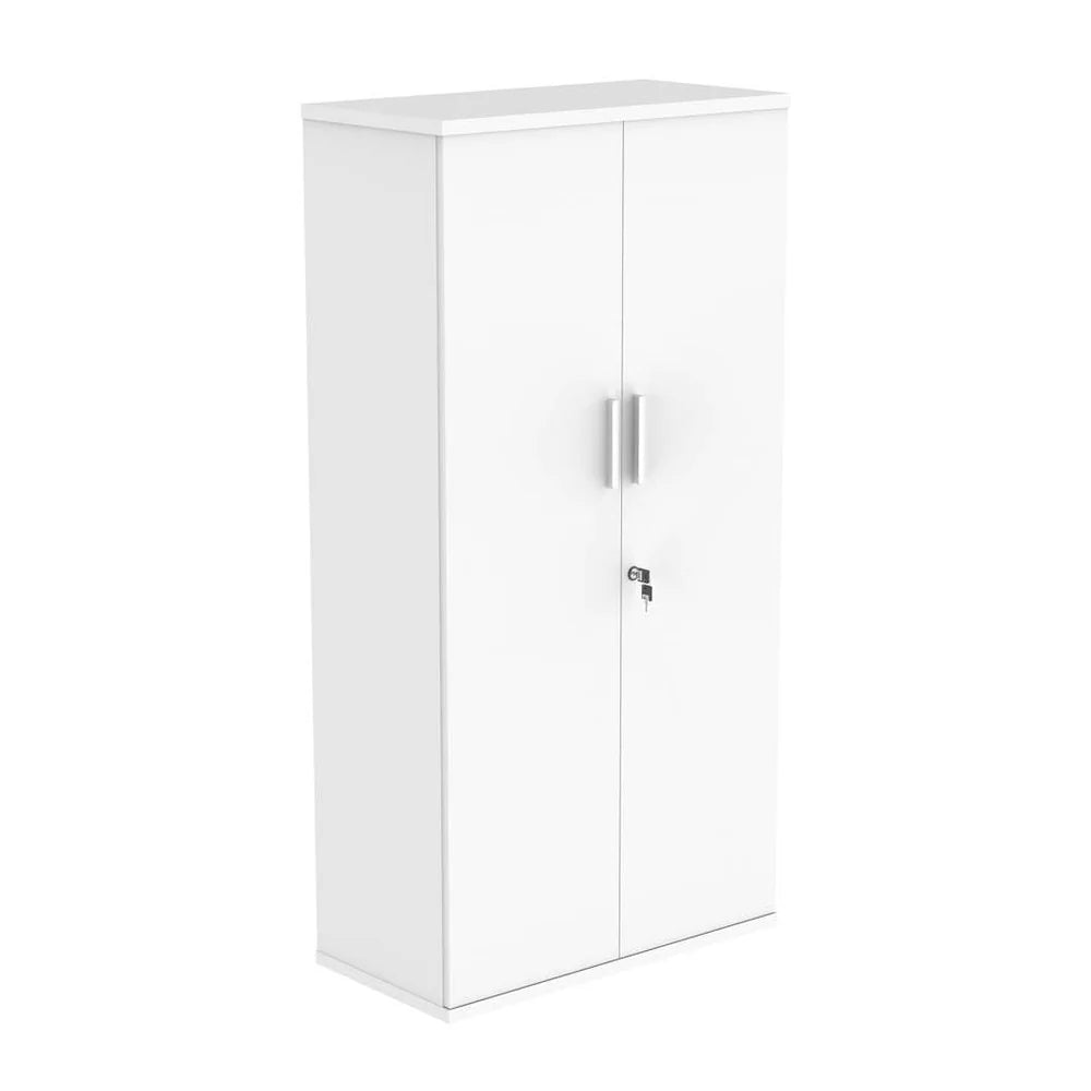 White cupboard with a silver handle on a white background
