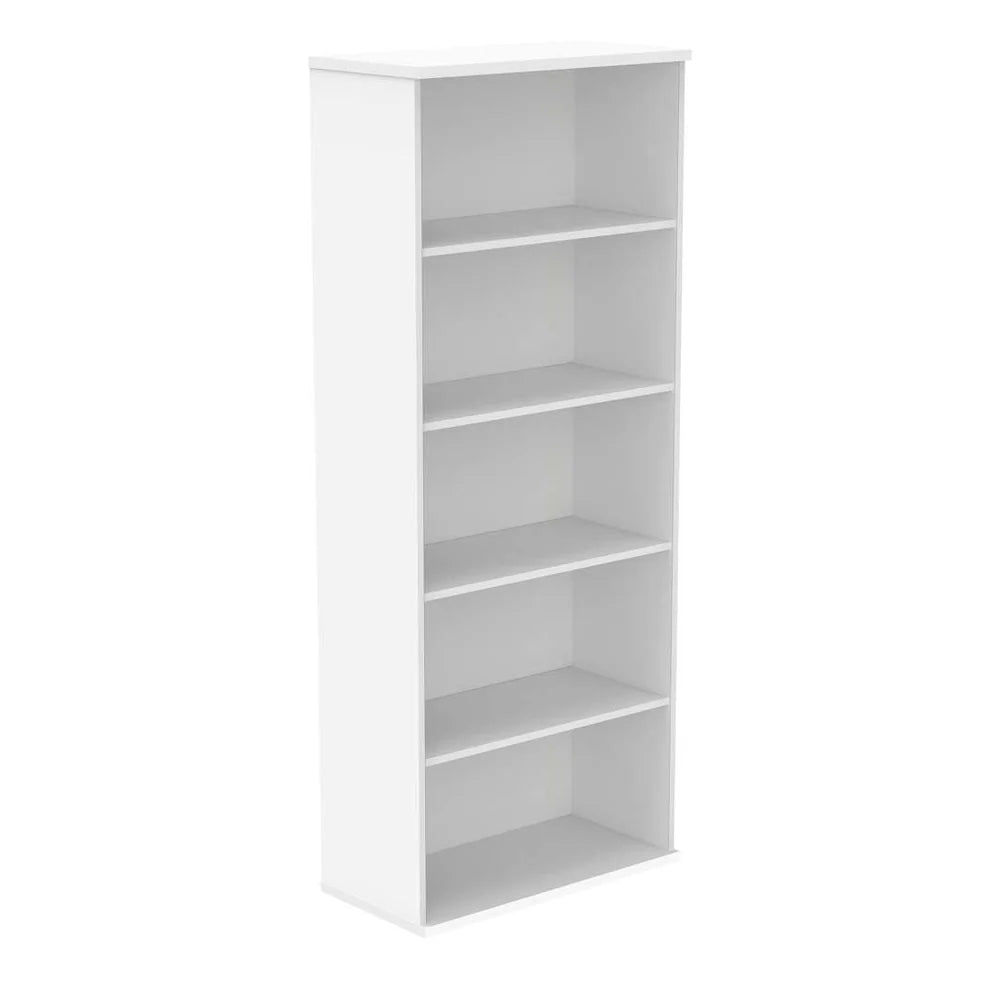 White bookcase with four shelves on a white background