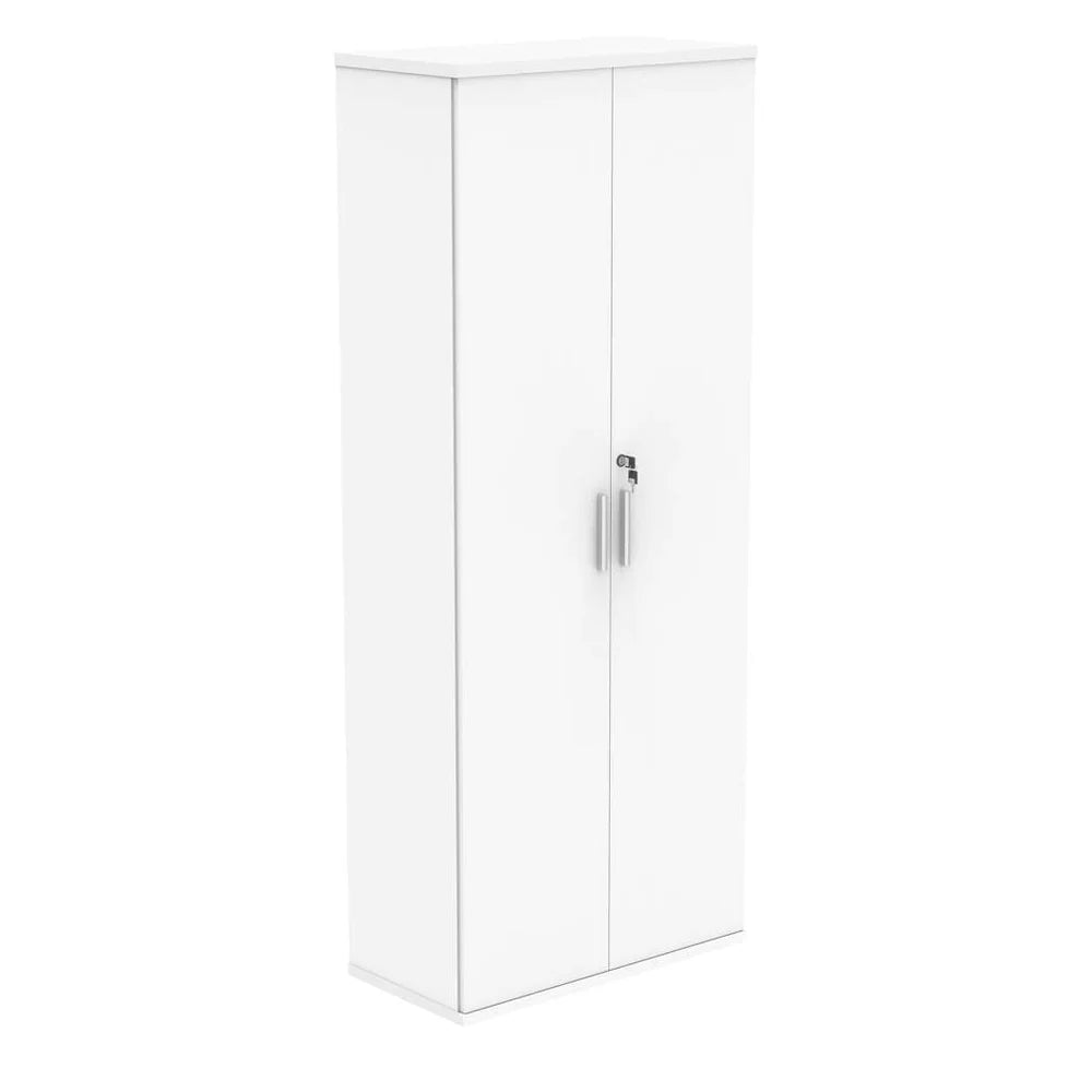 White cupboard with a silver handle on a white background