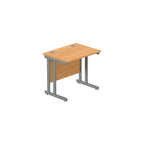 Office desk with wood-effect top and grey legs on a white background