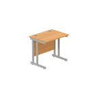 Office desk with wood-effect top and silver legs on a white background