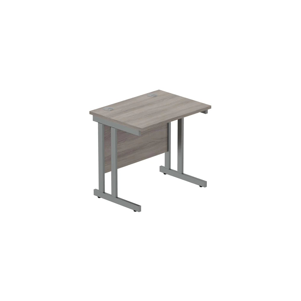 Office desk with grey wood-effect top and grey legs on a white background