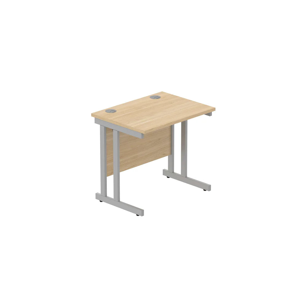Office desk with wood-effect top and silver legs on a white background