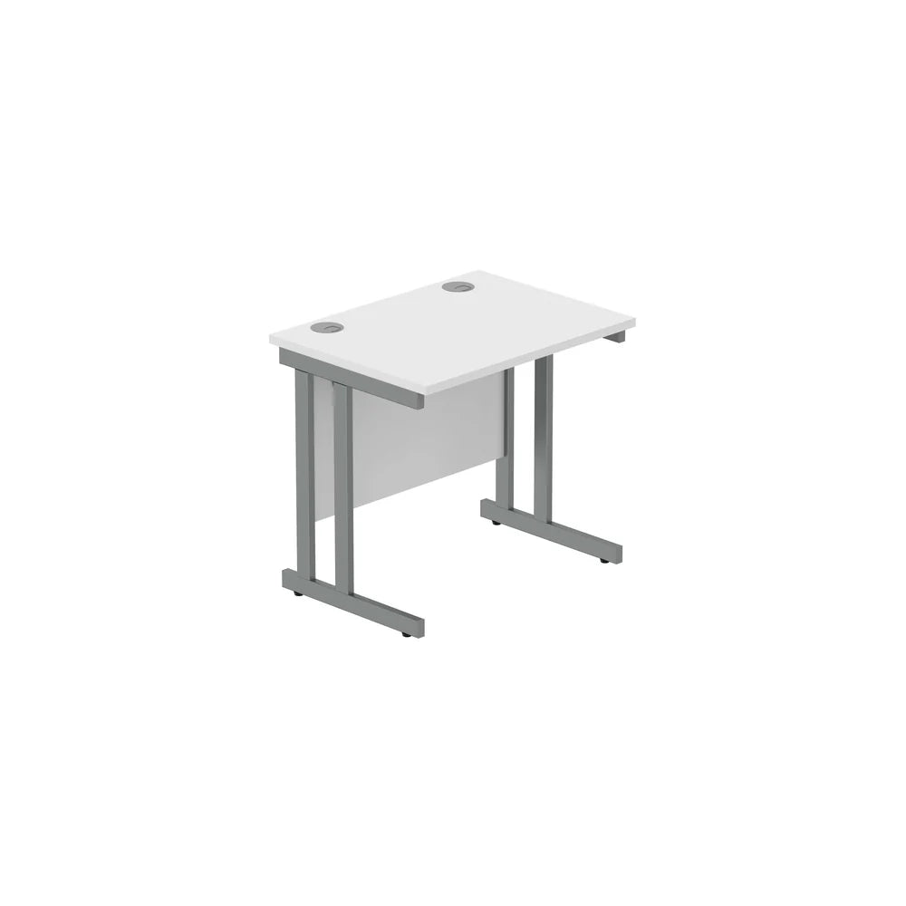 Office desk with white top and grey legs on a white background