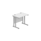 Office desk with white top and silver legs on a white background