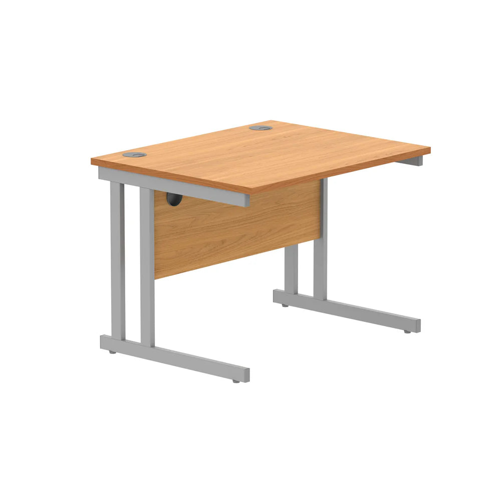 Office desk with wood-effect top and silver legs on a white background
