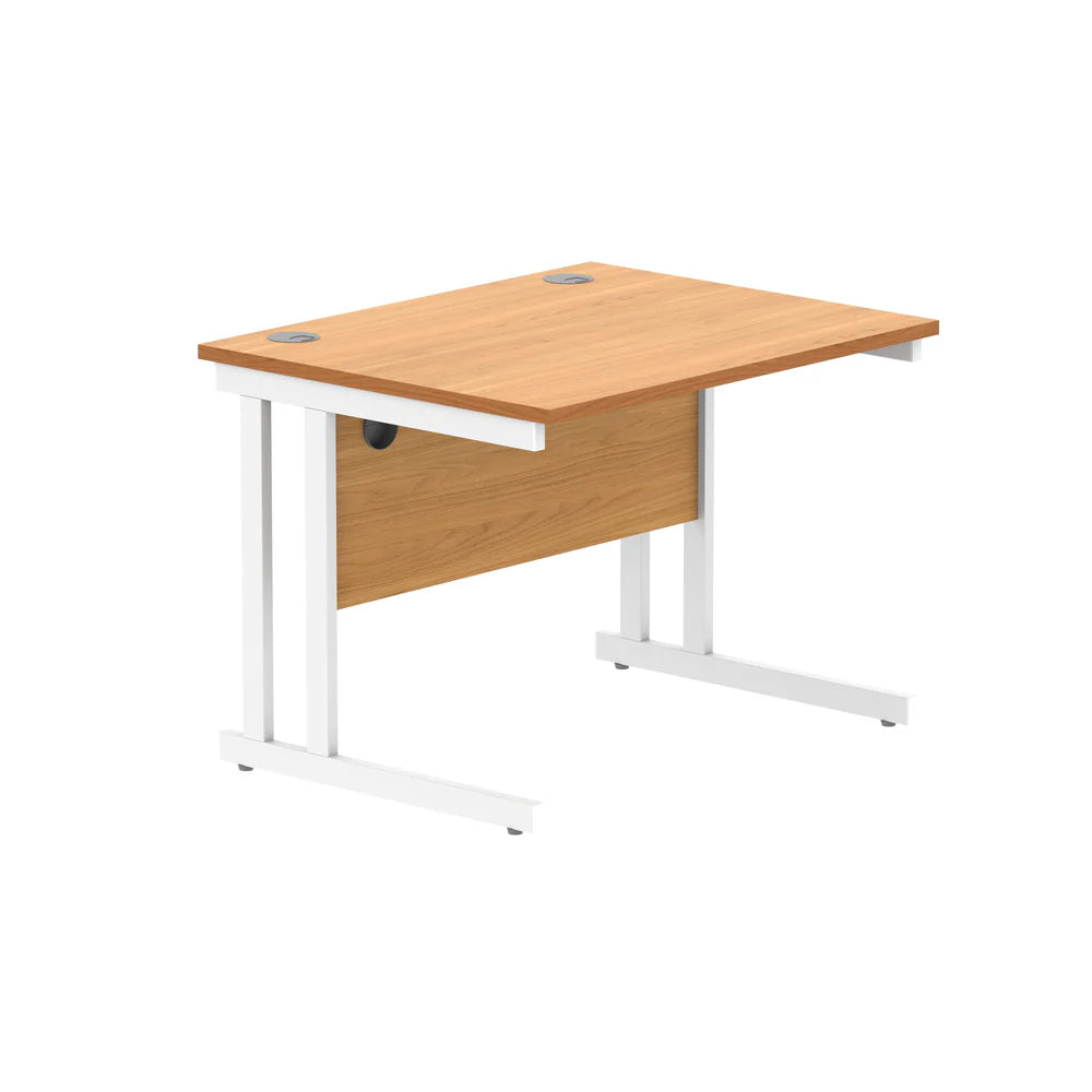 Office desk with wood-effect top and white legs on a white background