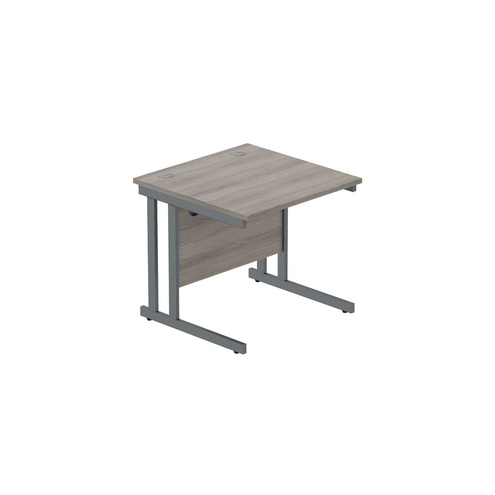 Office desk with grey wood-effect top and grey legs on a white background
