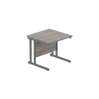 Office desk with grey wood-effect top and grey legs on a white background