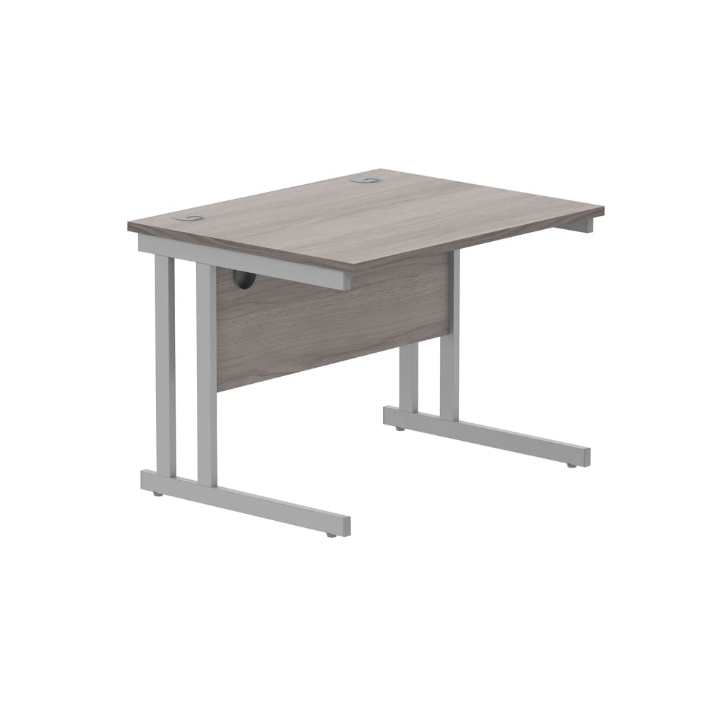 Office desk with grey wood-effect top and silver legs on a white background