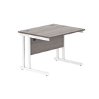 Office desk with grey wood-effect top and white legs on a white background