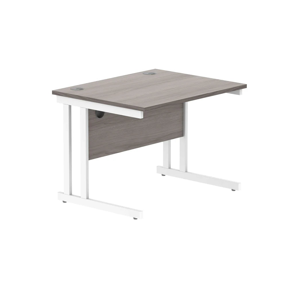 Office desk with grey wood-effect top and white legs on a white background