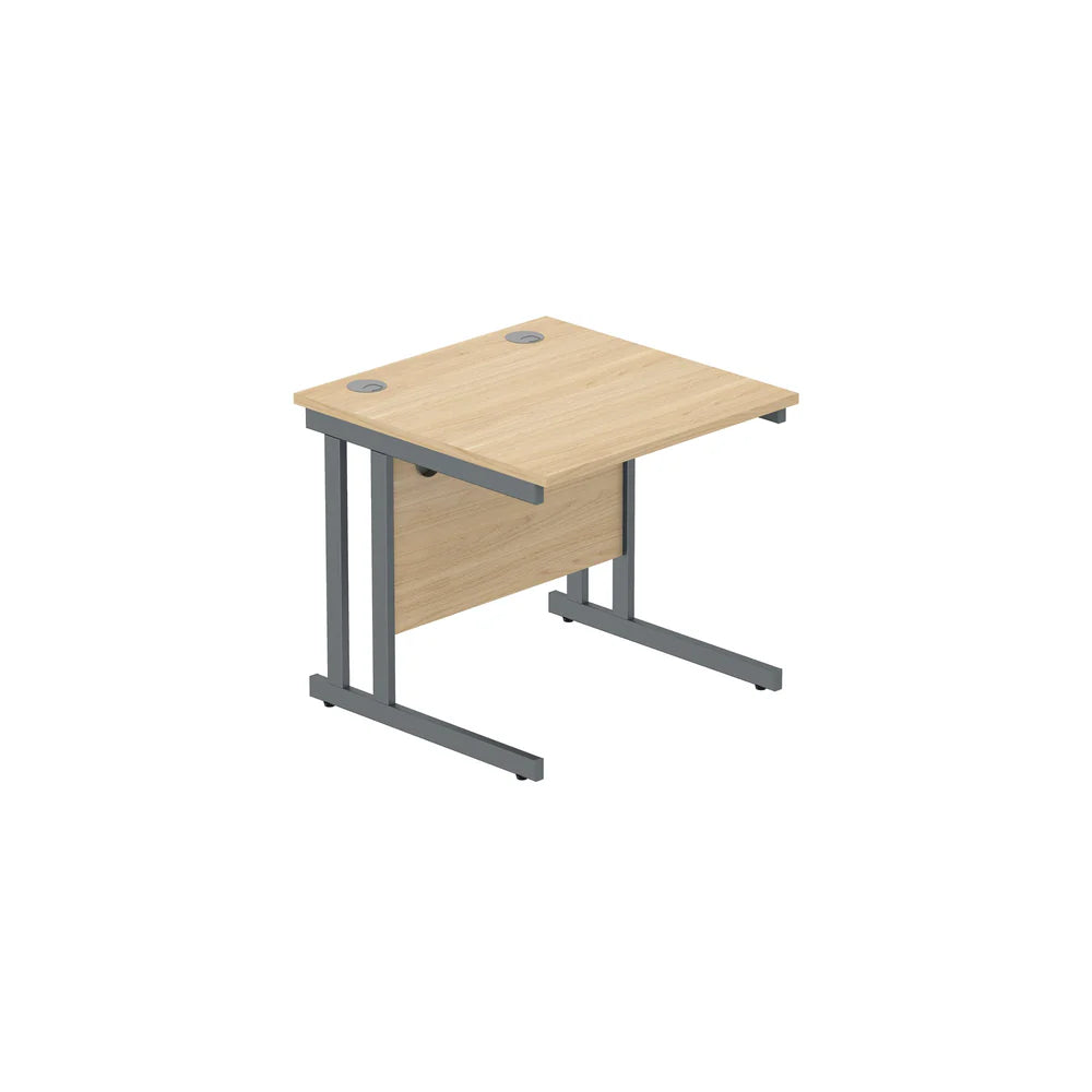 Office desk with wood-effect top and grey legs on a white background