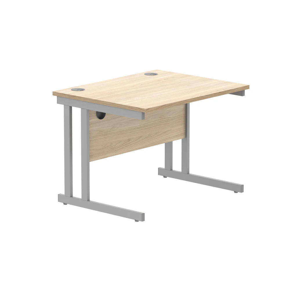 Office desk with wood-effect top and silver legs on a white background