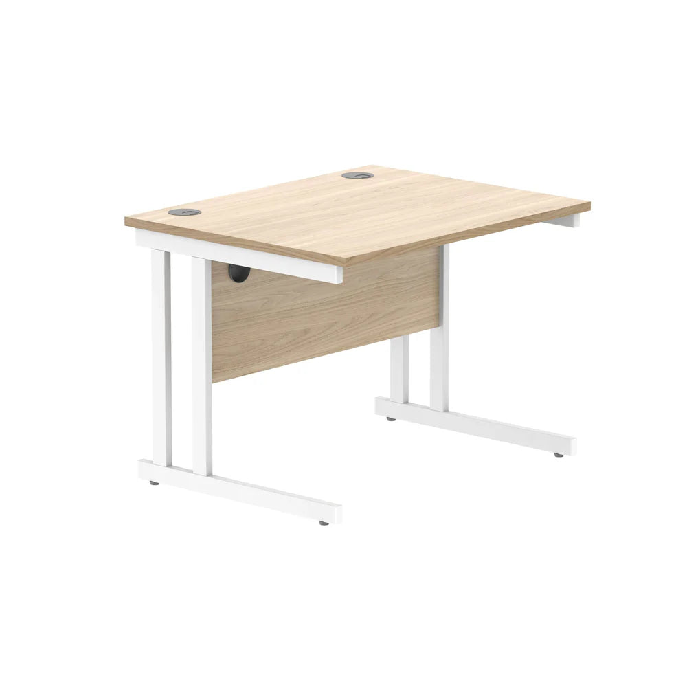 Office desk with wood-effect top and white legs on a white background