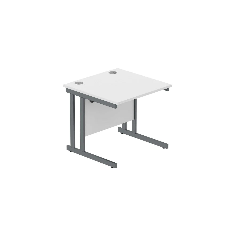 Office desk with white top and grey legs on a white background