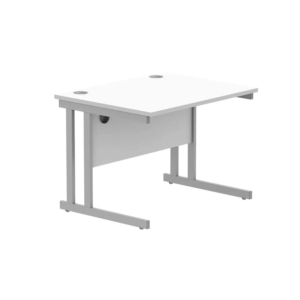 Office desk with white top and silver legs on a white background