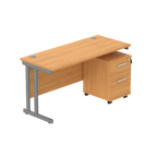 Office desk with a wood-effect top, grey frame and a matching pedestal on a white background