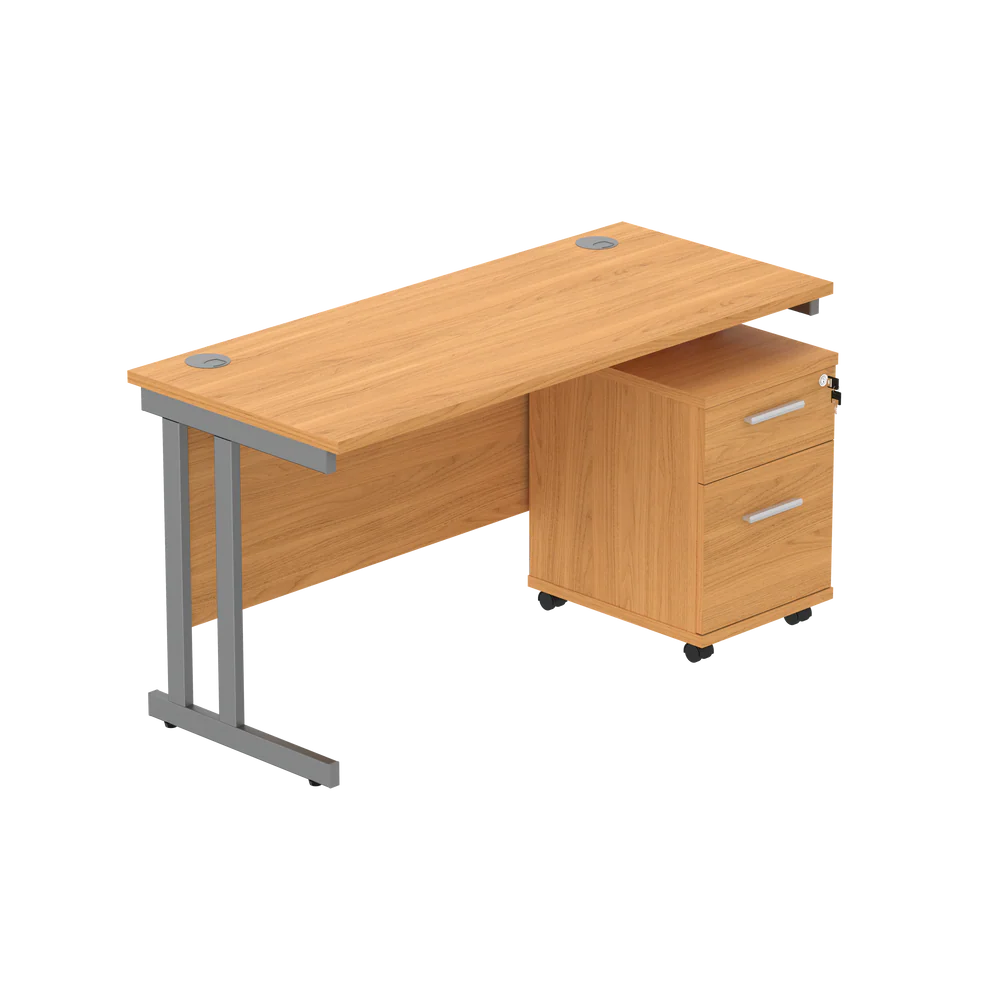 Office desk with a wood-effect top, grey frame and a matching pedestal on a white background