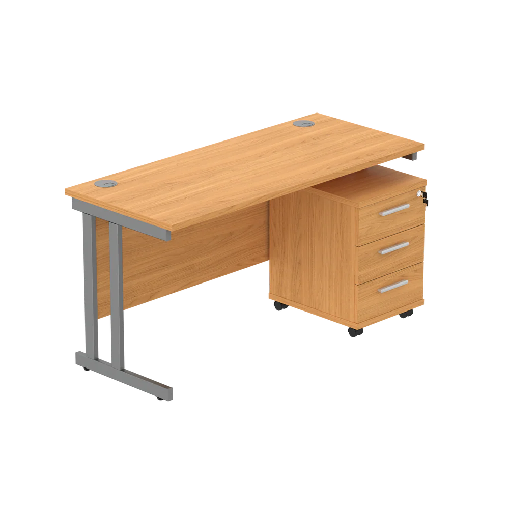 Office desk with wood-effect top, grey legs and a matching pedestal on a white background