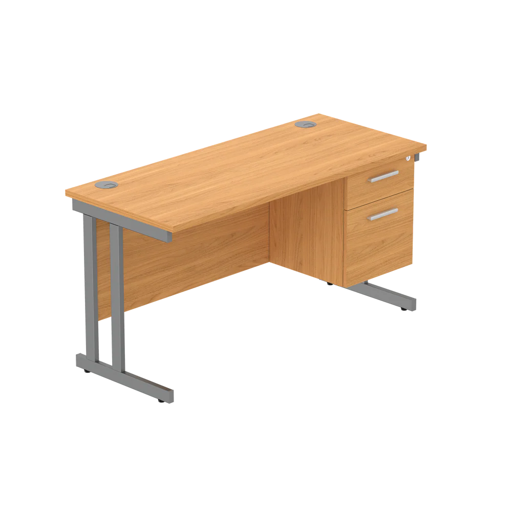 Office desk with wood-effect top, matching pedestal and grey frame on a white background