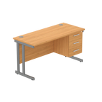 Office desk with wood-effect top, matching pedestal and grey frame on a white background