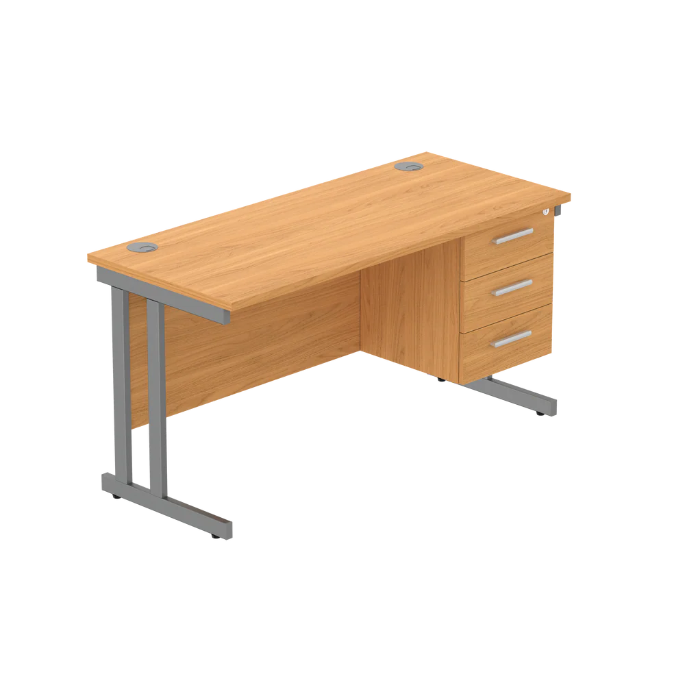 Office desk with wood-effect top, matching pedestal and grey frame on a white background
