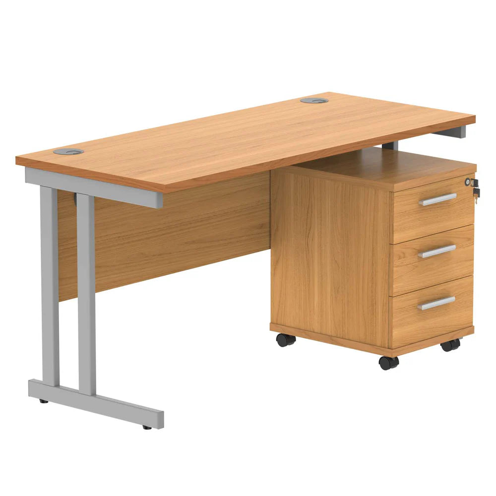 Office desk with wood-effect top, silver legs and a matching pedestal on a white background