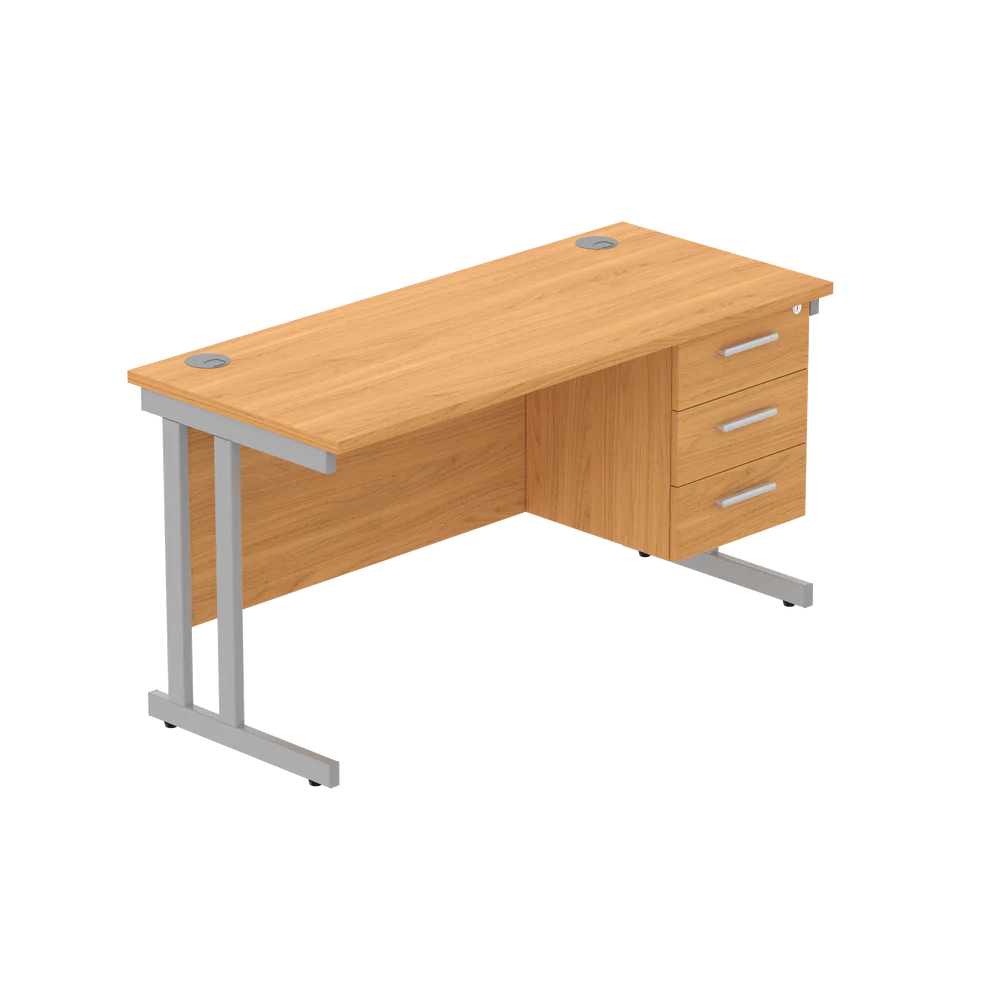 Office desk with wood-effect top, matching pedestal and silver frame on a white background
