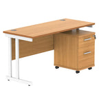 Office desk with a wood-effect top, white frame and a matching pedestal on a white background