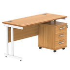 Office desk with wood-effect top, white legs and a matching pedestal on a white background