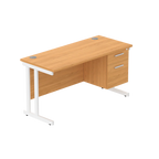 Office desk with wood-effect top, matching pedestal and white frame on a white background