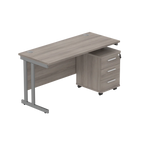 Office desk with wood-effect top, grey legs and a matching pedestal on a white background