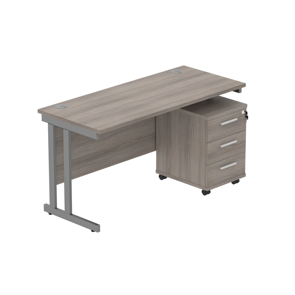 Office desk with wood-effect top, grey legs and a matching pedestal on a white background