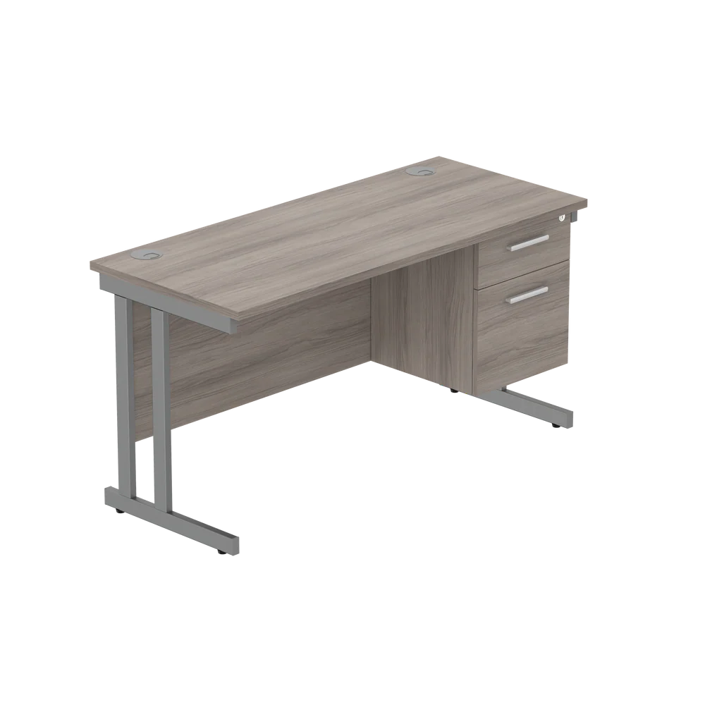 Office desk with grey wood-effect top, matching pedestal and grey frame on a white background