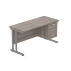 Office desk with grey wood-effect top, matching pedestal and grey frame on a white background