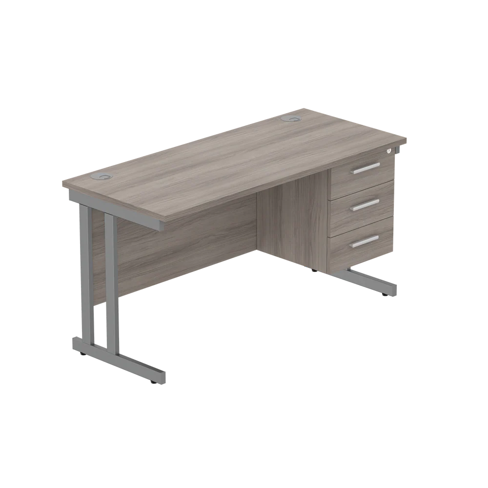 Office desk with grey wood-effect top, matching pedestal and grey frame on a white background
