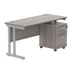 Office desk with a grey wood-effect top, silver frame and a matching pedestal on a white background