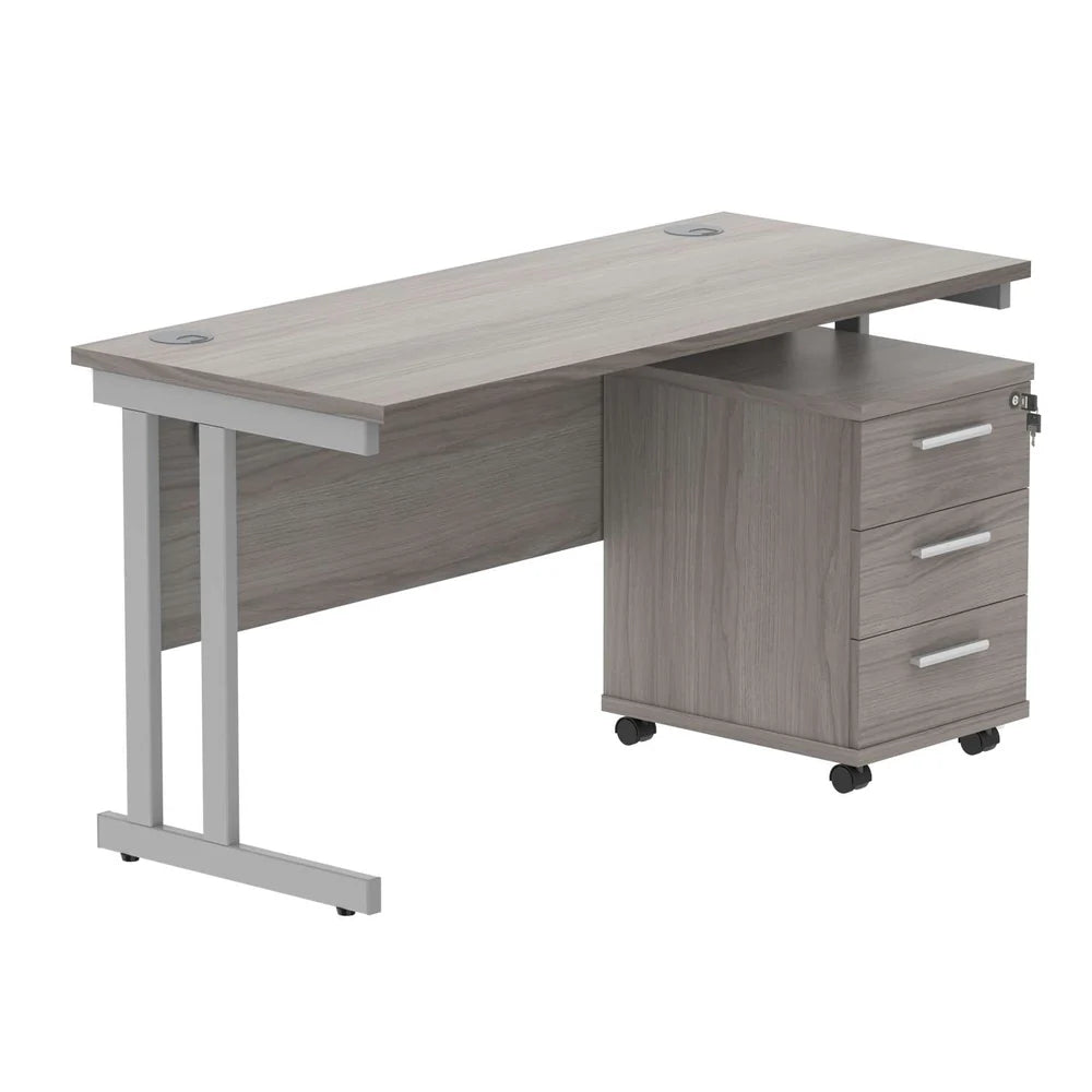 Office desk with grey wood-effect top, silver legs and a matching pedestal on a white background