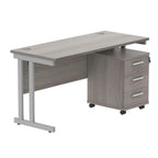 Office desk with grey wood-effect top, silver legs and a matching pedestal on a white background